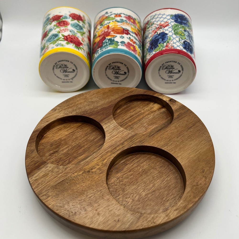 Pioneer Woman Floral Medley 3 Compartment Stoneware Utensil Holder Lazy Susan - Picture 15 of 15